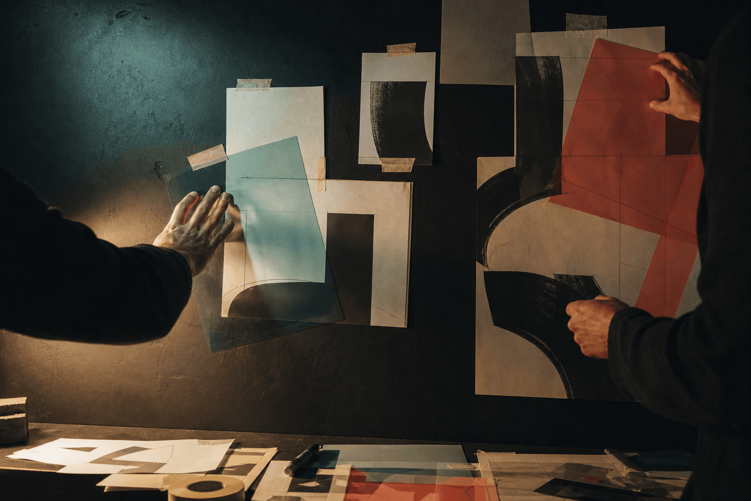 Paper research studies arranged by hand